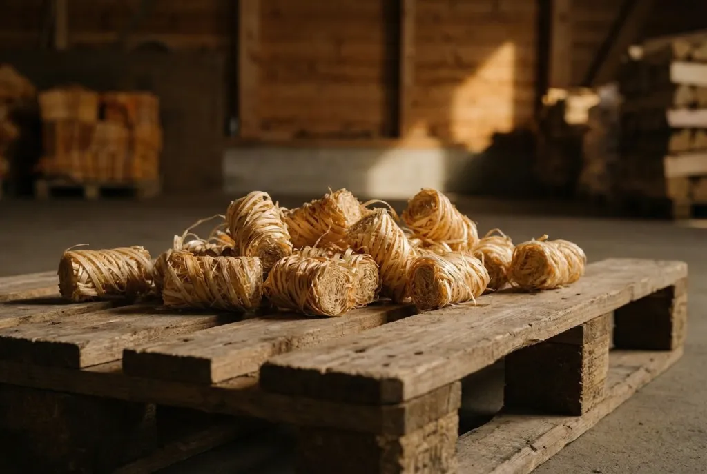 Holzwolle Anzündhilfen, umweltfreundlich in Wachs getränkt, gelagert auf Palette.